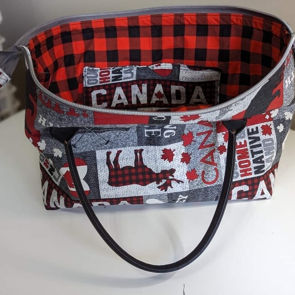 Canada Themed Tote Bag with Red and Black Plaid Interior
